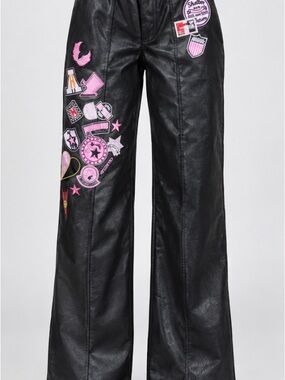 Hot & Delicious Black Faux Leather Wide-Leg Pants with Pink Patchwork